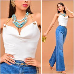 BLUSA SATINADA CON TIRANTES DE CADENA