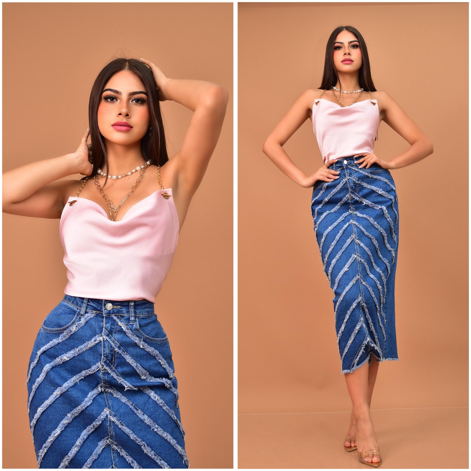 BLUSA SATINADA CON TIRANTES DE CADENA