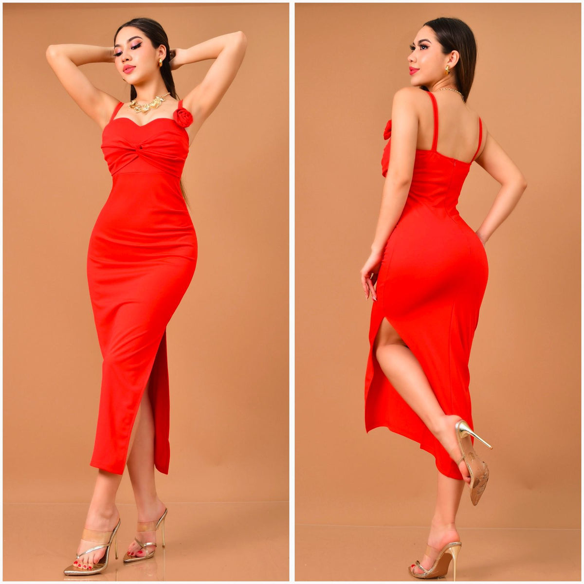 VESTIDO MIDI BROCHE FLOR